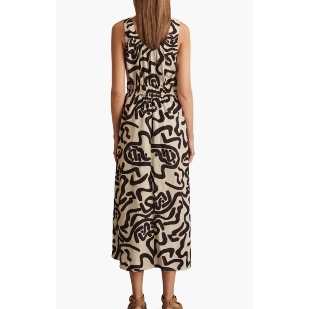 Reiss Akari Printed Midi Dress Ivory Brown Linen Size US 2 Sleeveless Pockets - Picture 2 of 11